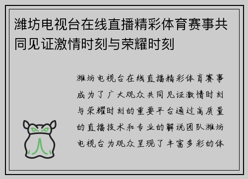 潍坊电视台在线直播精彩体育赛事共同见证激情时刻与荣耀时刻